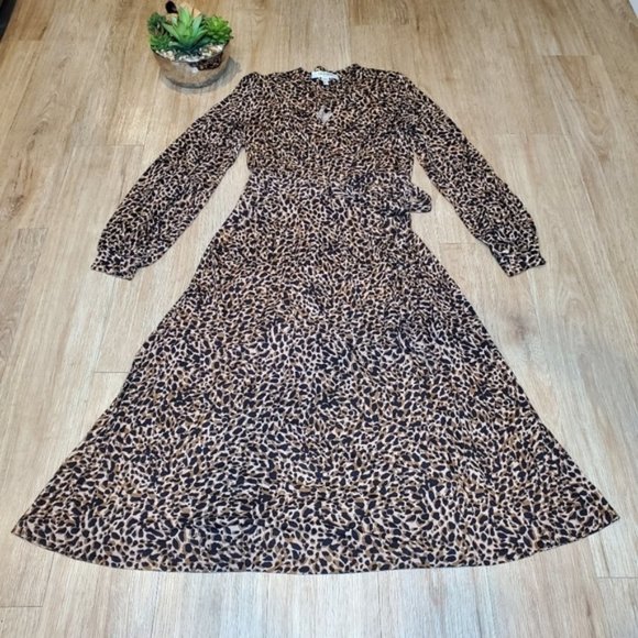 LK Bennett Daisy Wrap Dress Midi Leopard Neutral Preppy Fit Flare Classic Work 6 - Picture 2 of 7
